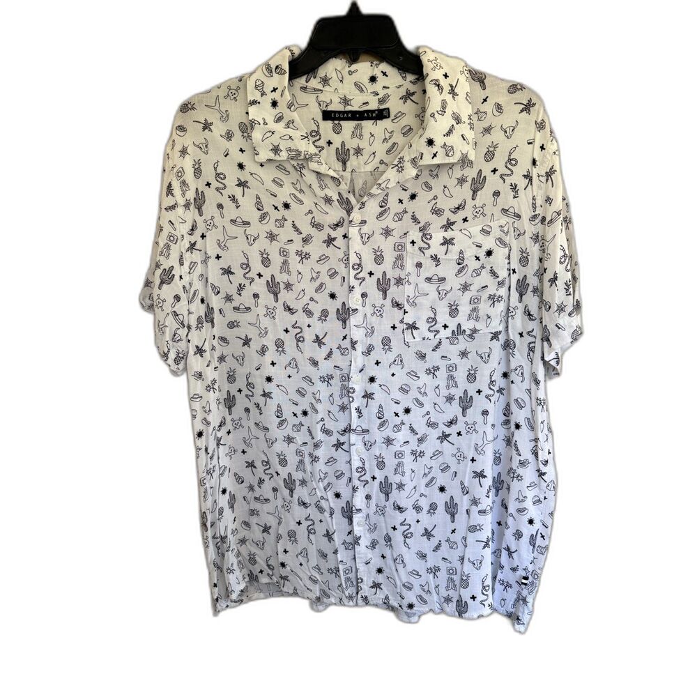Edgar + Ash 2XL White Tattoo Print Short Sleeve Button Down Shirt‎ Cactus Snake